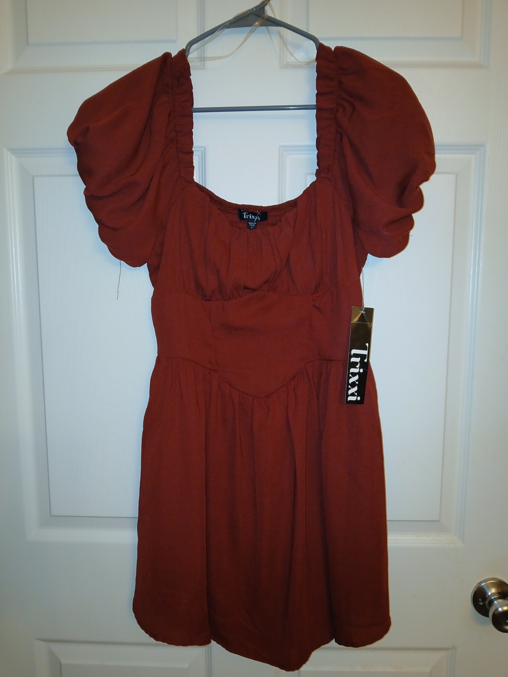 Trixxi Rust Puff-Sleeve Square-Neck Mini Dress